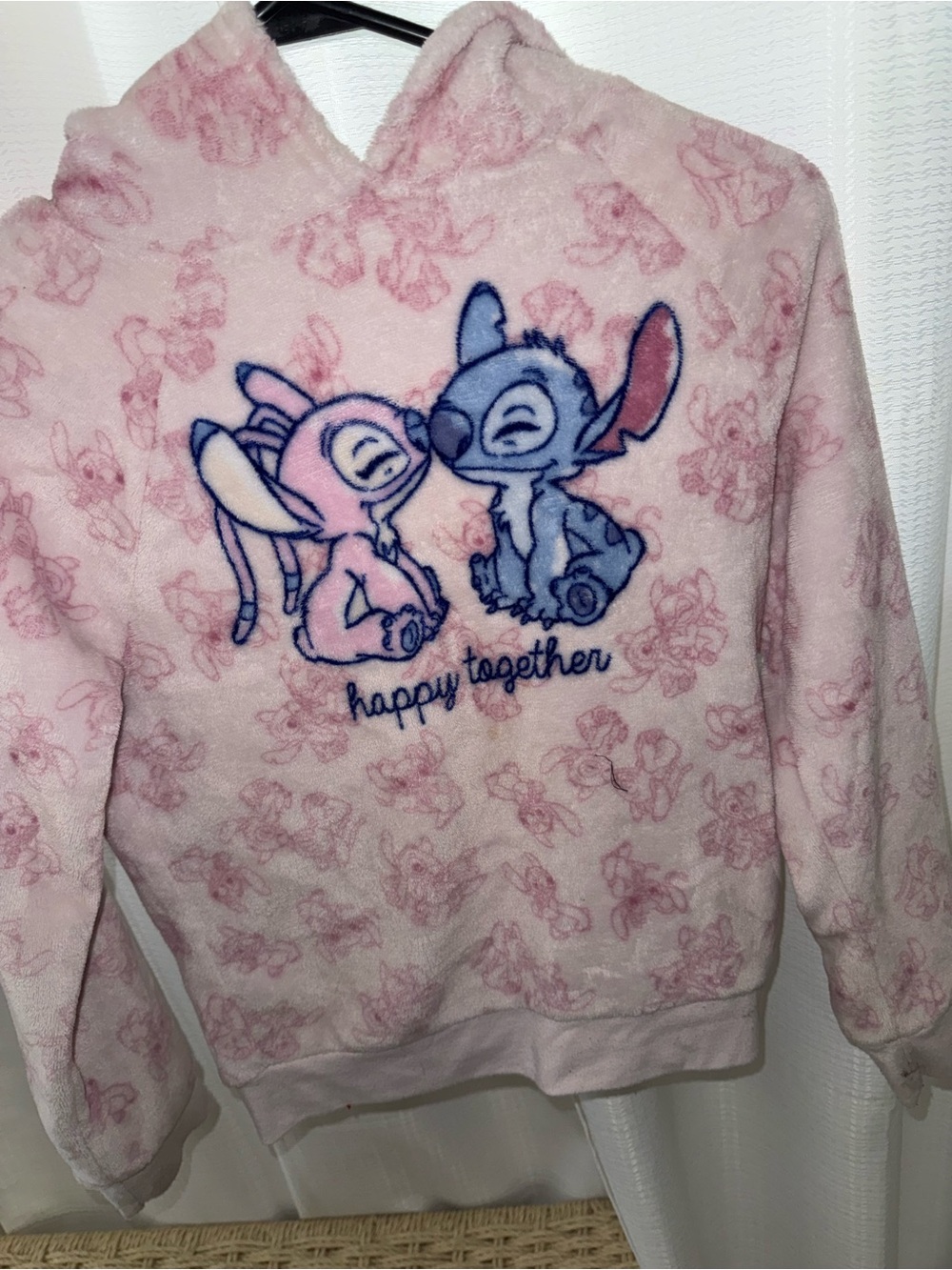 Disney Pink & Blue Stitch & Angel Hooded Fleece Sweatshirt large 14 kids
